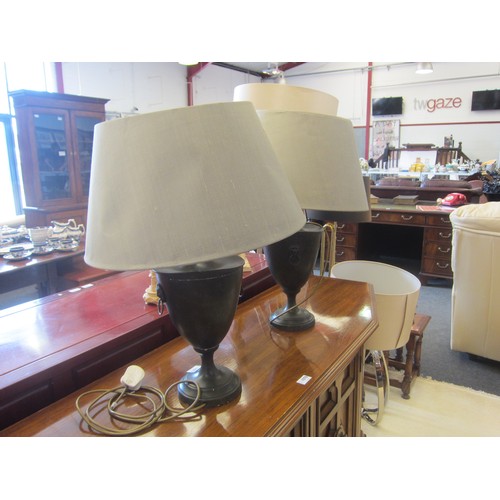 1077 - A pair of classical style table lamps, lion mask ring handles, silver grey shades