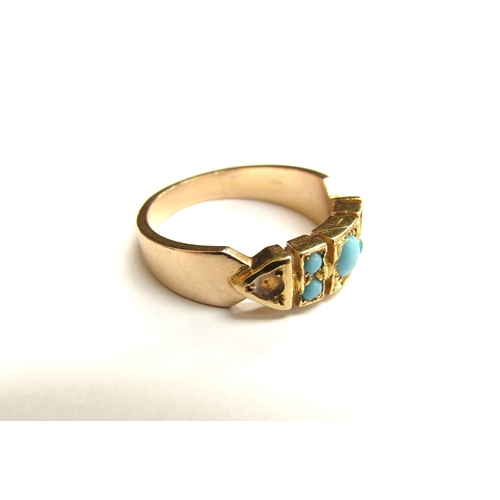 9057 - An unmarked gold ring set with turquoise cabochons, two missing. Size Q, 6.1g