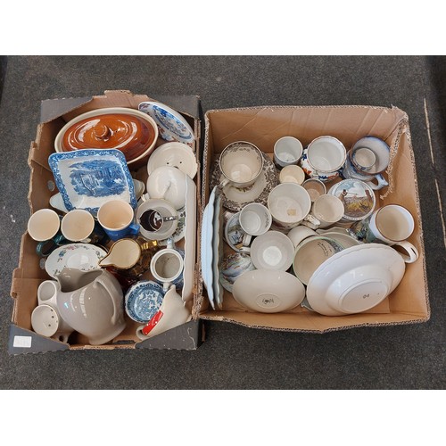 1484 - Two boxes of mixed ceramics, mugs, jugs lidded tureen, plates, paste pot, etc.