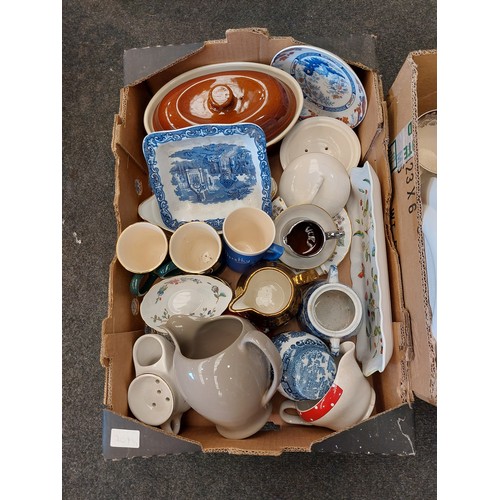 1484 - Two boxes of mixed ceramics, mugs, jugs lidded tureen, plates, paste pot, etc.