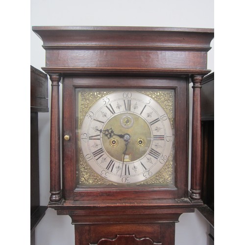 8008 - An early 19th Century country oak cased long case clock, Roman numerated silvered chapter ring and c... 