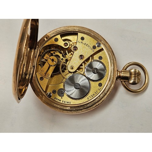 8212 - A J W BENSON, London 9ct gold cased half hunter pocket watch, white dial, Roman numerals, subsidiary... 