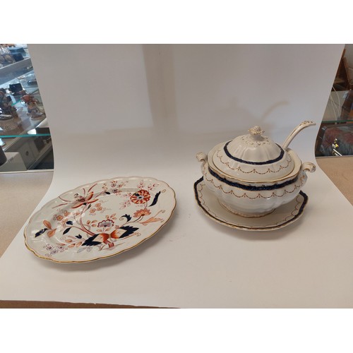 1465 - A Booths soup tureen and ladle on dish with and a Booths Imari patterned meat platter