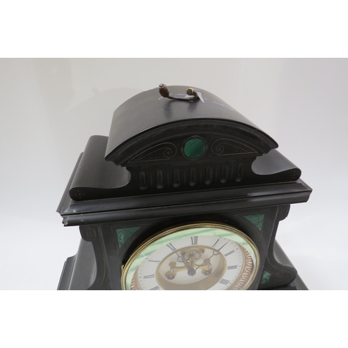 8053 - A circa 1900 French slate mantel clock with inlay, visible escapement striking hours and half hours.... 
