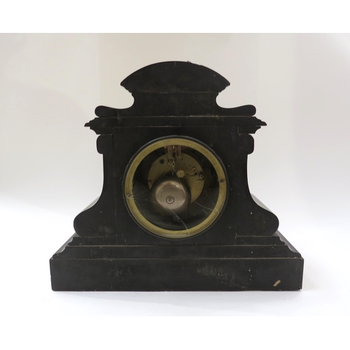 8053 - A circa 1900 French slate mantel clock with inlay, visible escapement striking hours and half hours.... 