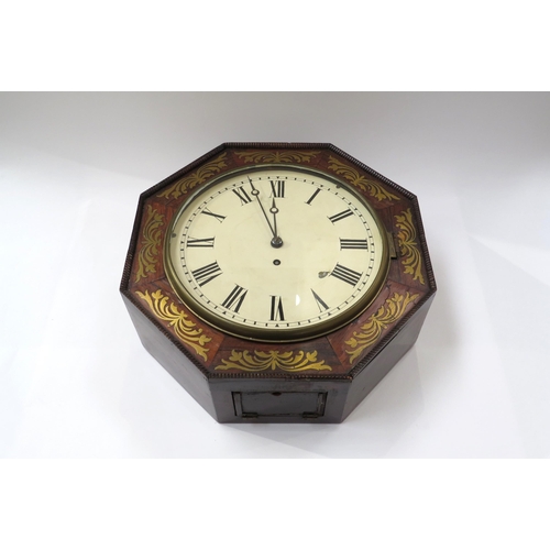 8074 - A rose wood and brass inlaid English fusee dial clock of octagonal form with painted Roman dial. 35.... 