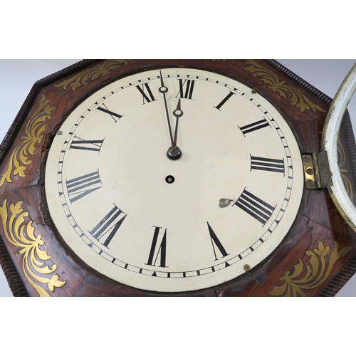 8074 - A rose wood and brass inlaid English fusee dial clock of octagonal form with painted Roman dial. 35.... 