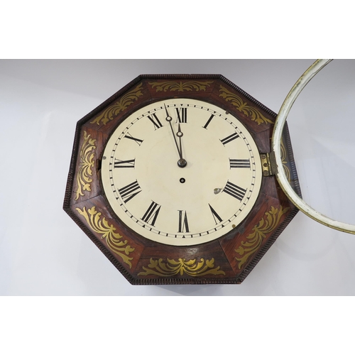 8074 - A rose wood and brass inlaid English fusee dial clock of octagonal form with painted Roman dial. 35.... 