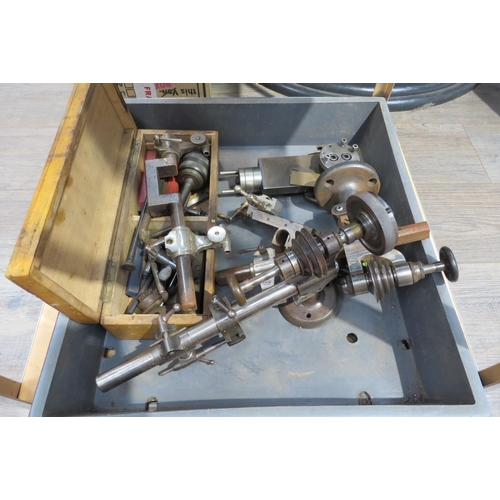 8244 - A tray containing two watch maker lathes a/f including boley other mixed lathe accessories including... 