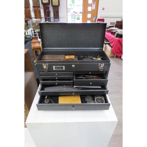 8252 - A Talxo tool box with assorted horolgical tools including punches, micronikers thread gauges, stakin... 