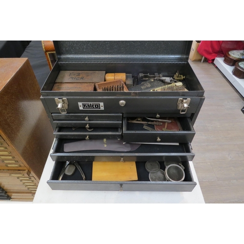 8252 - A Talxo tool box with assorted horolgical tools including punches, micronikers thread gauges, stakin... 