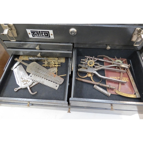 8252 - A Talxo tool box with assorted horolgical tools including punches, micronikers thread gauges, stakin... 