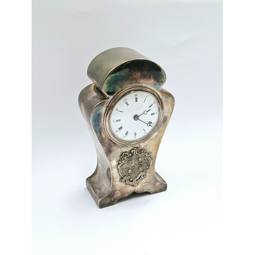 8089 - A Douglas Clocks Co Limited silver mantel clock with armoured crest, Birmingham 1904, 16.5cm x 9.2cm... 