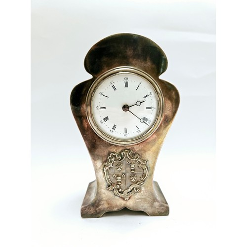 8089 - A Douglas Clocks Co Limited silver mantel clock with armoured crest, Birmingham 1904, 16.5cm x 9.2cm... 