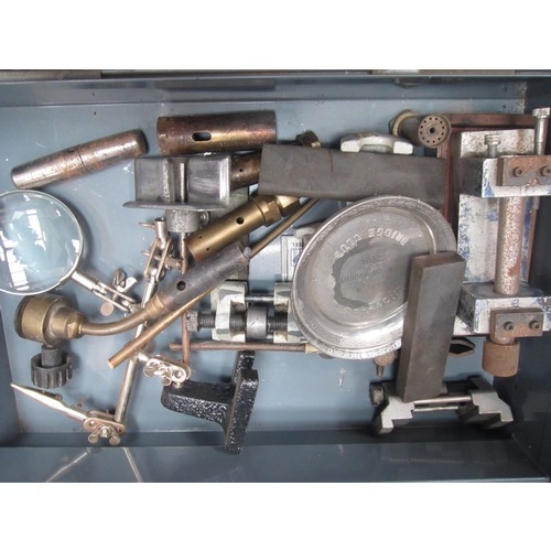 8248 - Tin box containing varius assorted lab/workshop items, burners, vices, grease gun