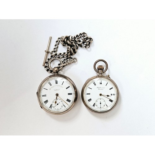 8210 - Two silver cased English lever pocket watches including J. W. Benson, one with chain (2)