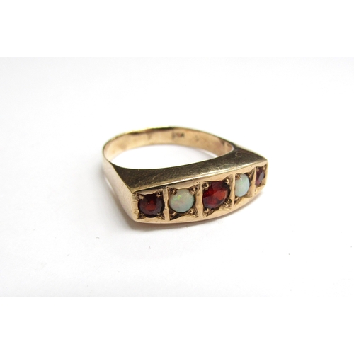 9011 - A gold garnet and opal five stone ring, marks rubbed (re-sized). Size Q, 3.6g