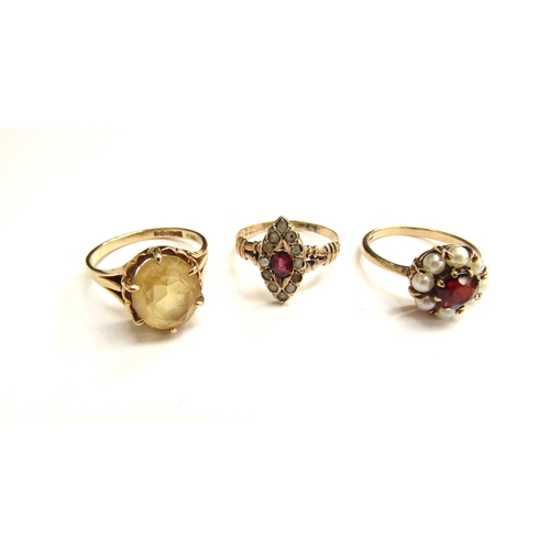 9107 - Three 9ct gold rings, including garnet and seed pearl, citrine etc, sizes N and O, 8.1g