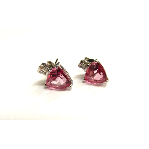 9344 - A pair of 18ct white gold pink topaz and diamond stud earrings, 2g      (C)