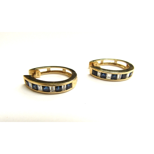 9037 - A pair of gold sapphire and diamond hoop earrings, stamped 14k, 4.2g