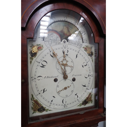 8004 - A 19th Century mahogany long case clock, J Rickard, Exeter to face, painted face with arched moonpha... 
