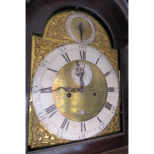8016 - An 18th Century oak longcase clock with brass arch dial and silvered Roman chapter ring signed Steph... 