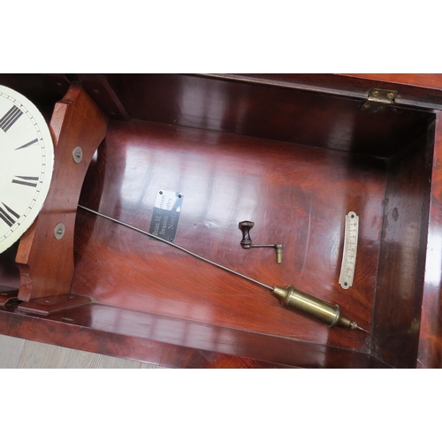 8020 - A mid 19th Century flame mahogany and glazed door wall clock, painted metal Roman dial (10