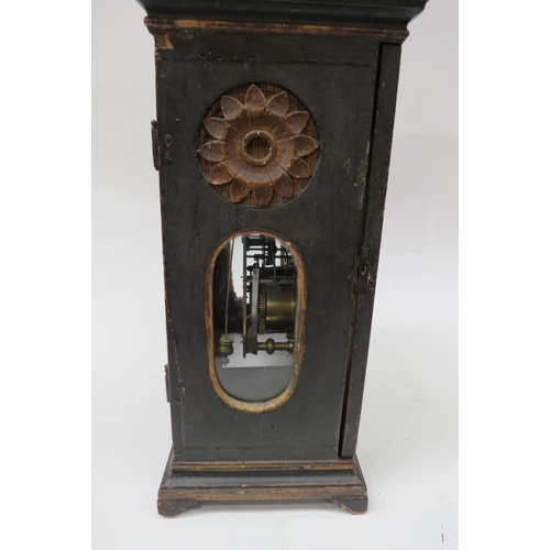 8065 - An 18th Century bracket clock in ebonised case. Roman brass chapter ring with applied spandrels and ... 