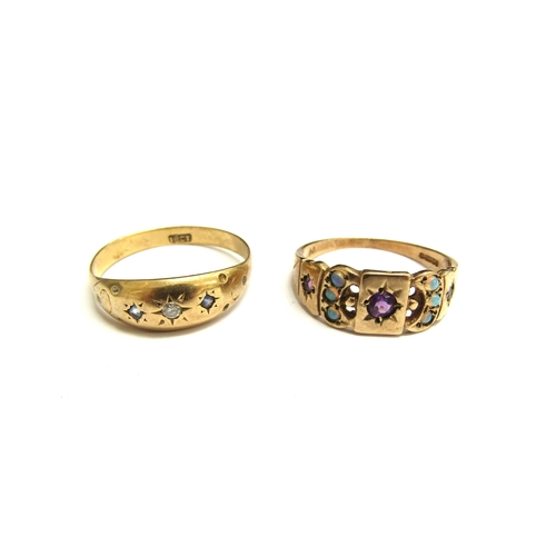 9273 - A 9ct gold opal and amethyst ring. Size N, 2g and a diamond and sapphire gypsy style ring stamped 18... 