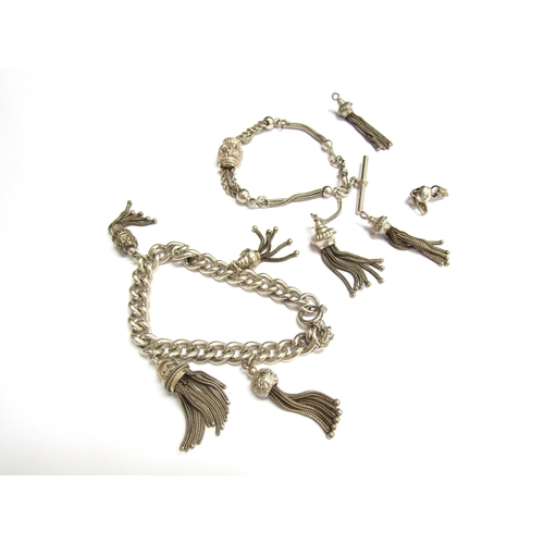 9088 - A silver curb link bracelet hung with tassel charms and another stamped 800, 71.8g total (2)