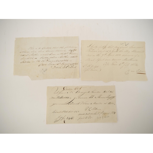 9072 - Three handwritten certificates of birth for slaves, all Cape Town, 1820's-30's, comprising handwritt... 