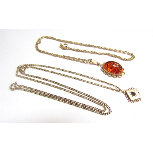 9124 - A 9ct gold twist chain 50cm long hung with  a9ct gold amber pendant and a gold chain with square for... 