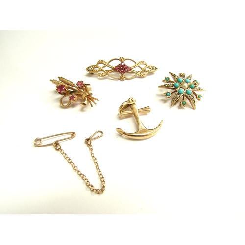 9415 - Three 9ct gold brooches two set with rubies and one seed pearl and turquoise (one missing) and a 9ct... 