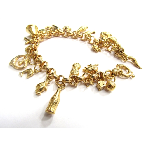 9200 - A 9ct gold charm bracelet with various hollow gold charms including, dolphin, cat, heart, bell etc, ... 