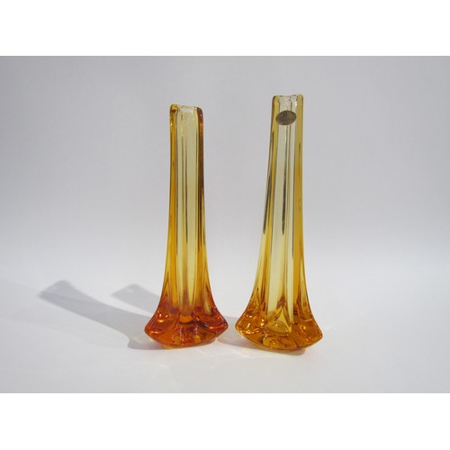 7196 - Two Whitefriars Tricorn vases designed by Geoffrey Baxter, No.9570 in Amber/Gold, one with gold foil... 