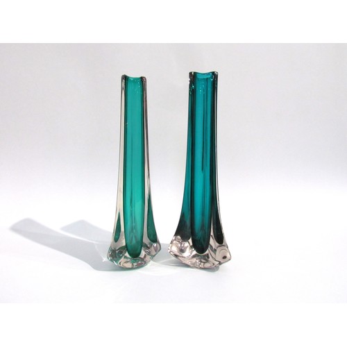 7193 - Two Whitefriars Tricorn vases designed by Geoffrey Baxter, No.9570 in two shades of green.  24.5cm h... 