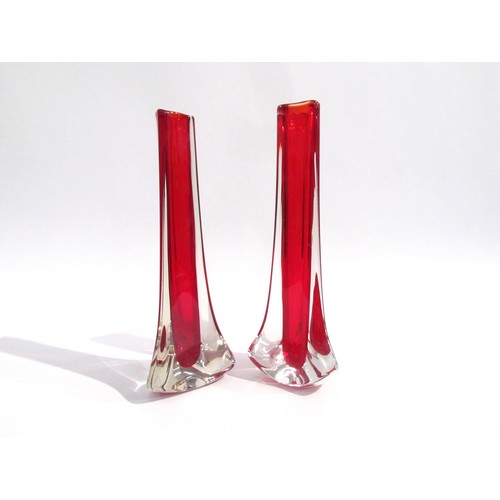 7208 - A pair of Whitefriars Tricorn vases designed by Geoffrey Baxter, No.9570 in Ruby.  24.5cm high