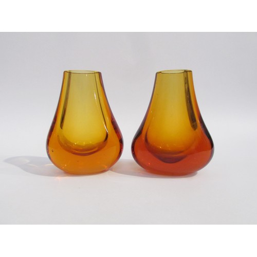 7198 - Two Whitefriars 'Teardrop' vases designed by Geoffrey Baxter, No.9572 in Amber/Gold. 14cm high. (Fle... 