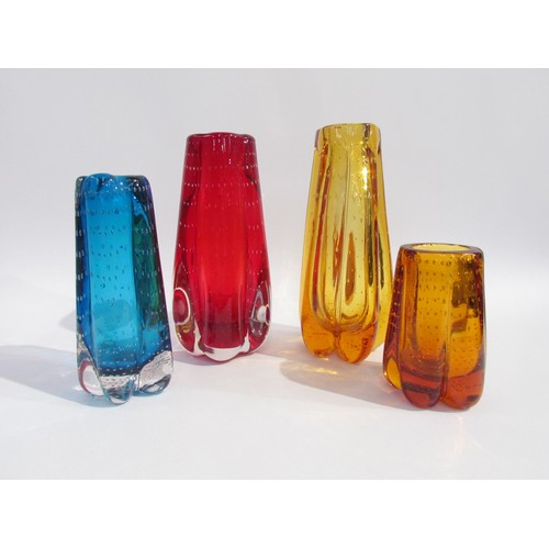 7200 - Four Whitefriars 'Lobed' vases with controlled bubbles, various shapes and sizes in Amber/Gold, Ruby... 