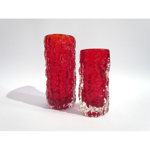 7194 - Two Whitefriars Bark textured cylindrical vases designed by Geoffrey Baxter in Ruby colourway. 19cm ... 