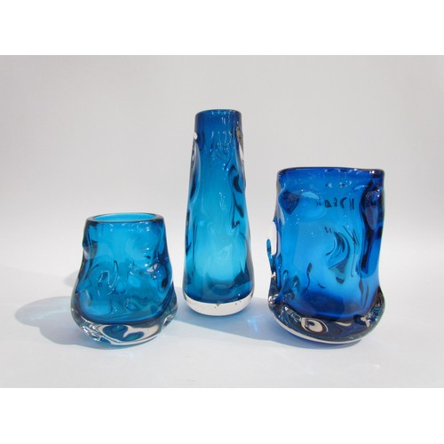 7213 - Three Whitefriars Knobbly range vases, various shapes and sizes in Kingfisher Blue colourway. Talles... 