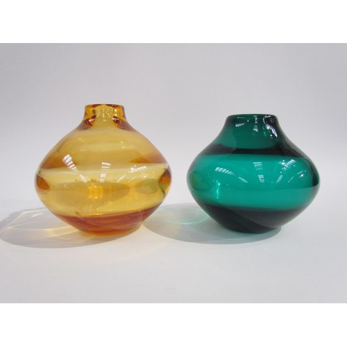 7191 - Two Whitefriars optic vases designed by Geoffrey Baxter, No.9586 in Amber/Gold and Green. Tallest 14... 