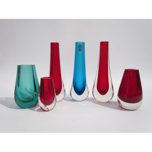 7216 - A collection of six Whitefriars vases in green, Ruby and Kingfisher Blue encased in clear glass. Lab... 