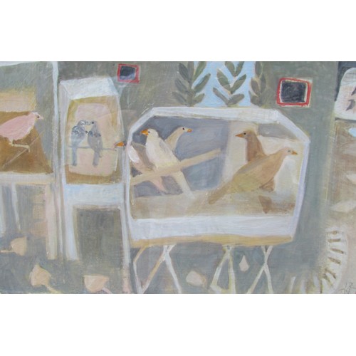 7537 - TESSA NEWCOMB (b.1955) (ARR) : An oil on panel of various birds, titled Bird Market verso, monogram ... 