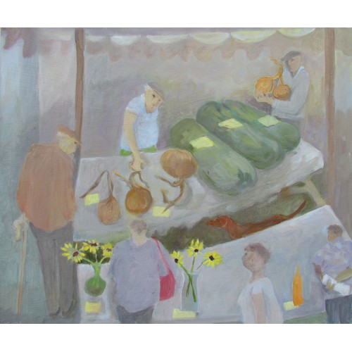 7536 - TESSA NEWCOMB (b.1955) (ARR) : An oil on panel of market stalls, flowers and vegetable sellers, mono... 