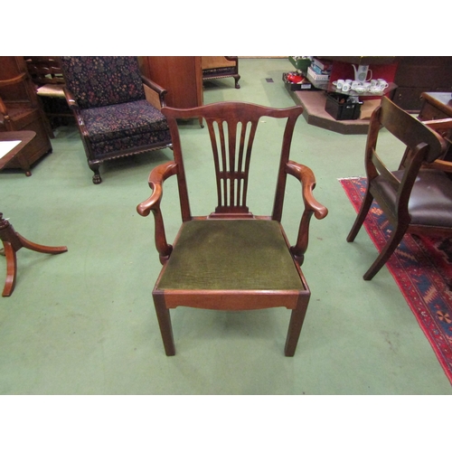 4102 - A George III English elm and fruitwood armchair with pierced central splat and scroll arm supports o... 