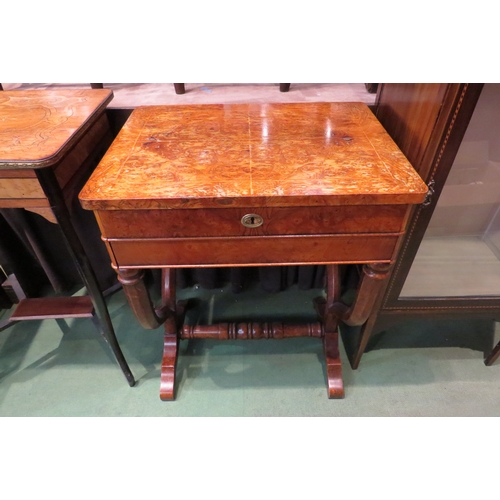 4195 - A 19th Century flame walnut sewing table, lift-up top, single drawer with contents, 76cm tall x 59cm... 