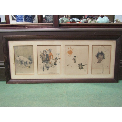 4244 - WITHDRAWN - Two framed sets of four postcards depicting comical scenes, three entitled 