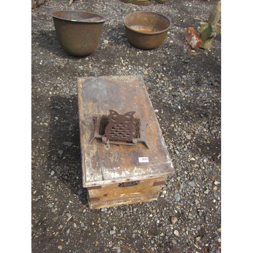 3623 - A wooden tool chest and a cast owl boot brush