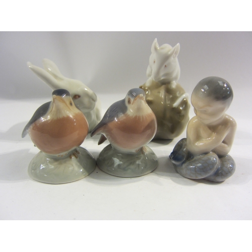 4330 - Five Royal Copenhagen figures, two robins, a bunny, mouse (chipped ear) and mermaid (5)